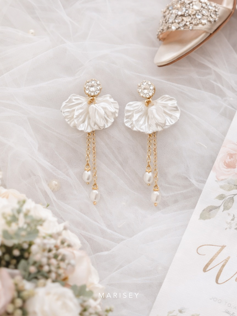 Kolczyki ślubne kwiaty z perłami długie Chiara - obrazek 2